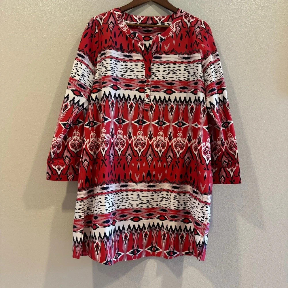 Ulla Popkin‎ Red Tribal Print Partial Button Front Tunic Top Long Sleeve 12/14